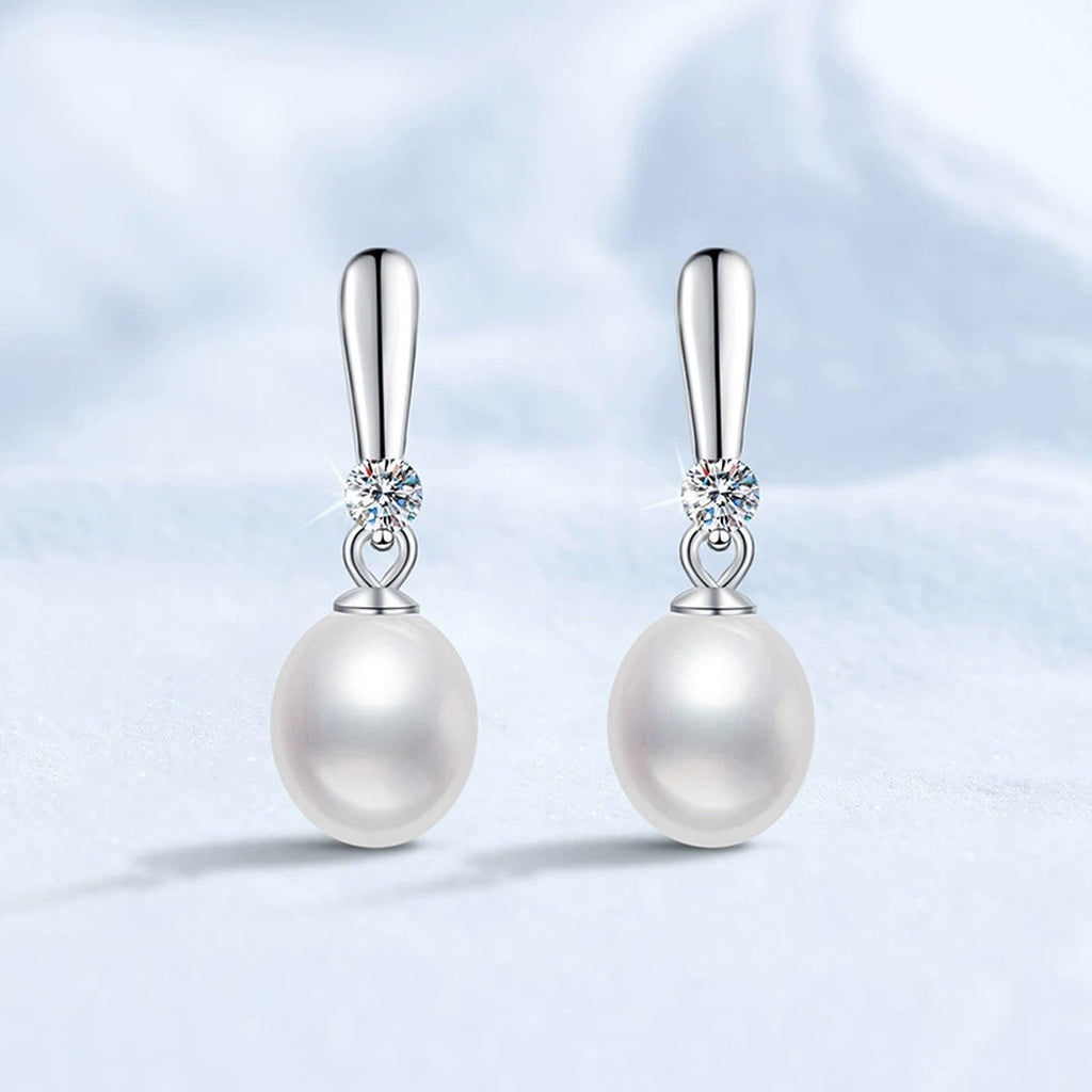Slender Pearl Moissanite Hook Drop Earrings in White Gold-Plated S925 Sterling Silver close-up product detail view