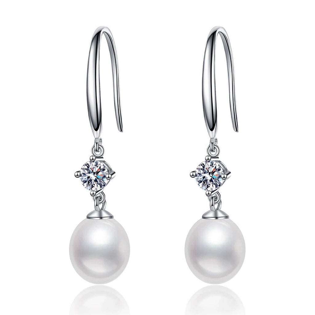 Long Pearl Moissanite Hook Drop Earrings in White Gold-Plated S925 Sterling Silver on clean white background showing a long hook drop silhouette with pearl and moissanite accents