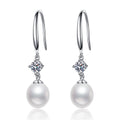 Long Pearl Moissanite Hook Drop Earrings in White Gold-Plated S925 Sterling Silver on clean white background showing a long hook drop silhouette with pearl and moissanite accents