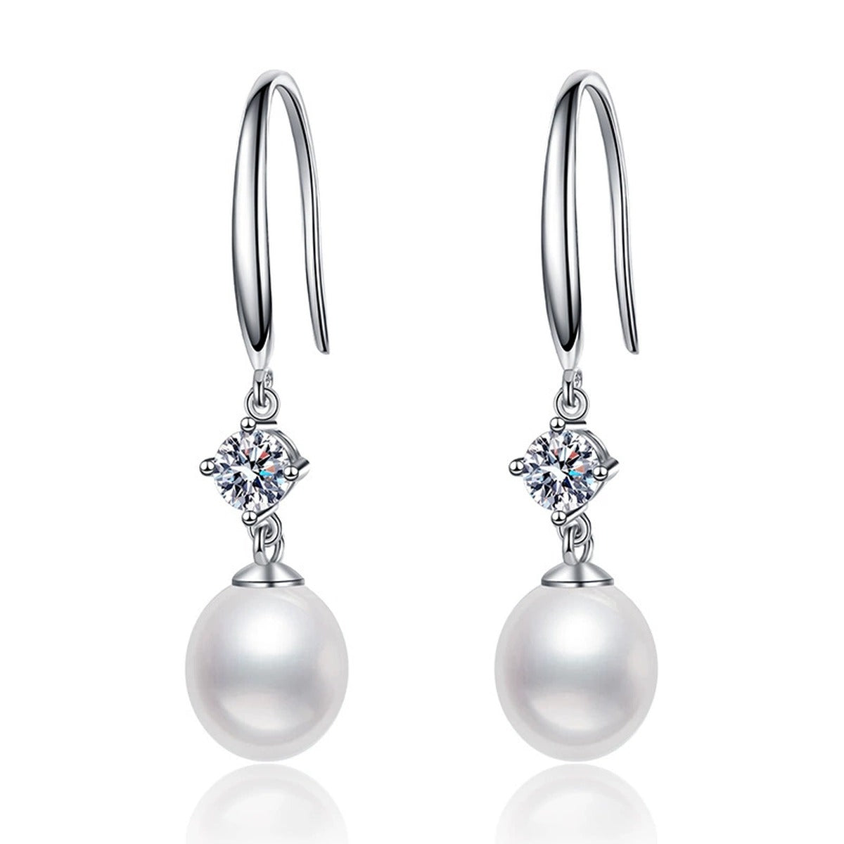 Long Pearl Moissanite Hook Drop Earrings in White Gold-Plated S925 Sterling Silver on clean white background showing a long hook drop silhouette with pearl and moissanite accents