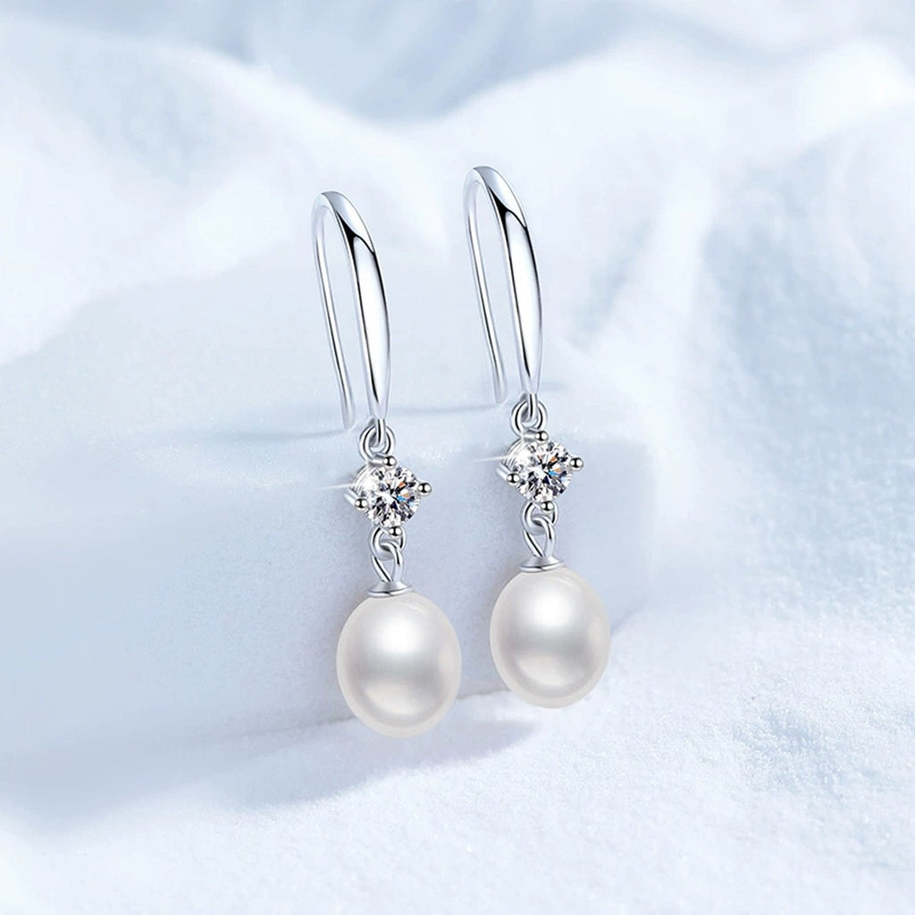 Long Pearl Moissanite Hook Drop Earrings in White Gold-Plated S925 Sterling Silver blue scene product view