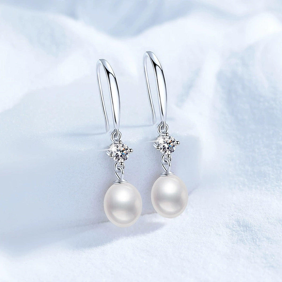 Long Pearl Moissanite Hook Drop Earrings in White Gold-Plated S925 Sterling Silver blue scene product view