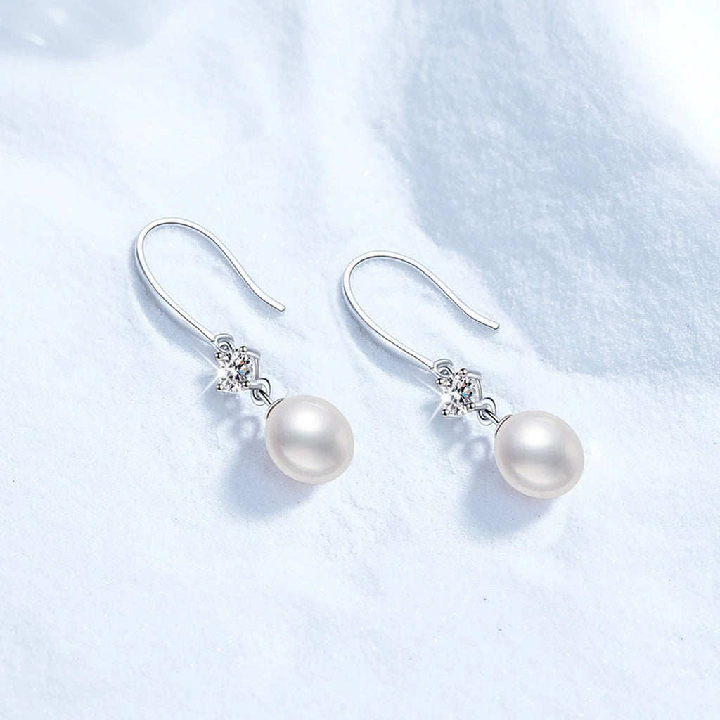 Long Pearl Moissanite Hook Drop Earrings in White Gold-Plated S925 Sterling Silver close-up product detail view
