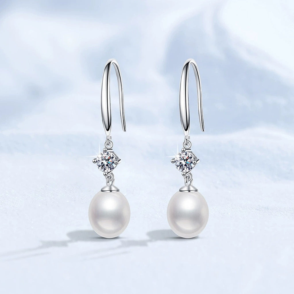Long Pearl Moissanite Hook Drop Earrings in White Gold-Plated S925 Sterling Silver close-up product detail view