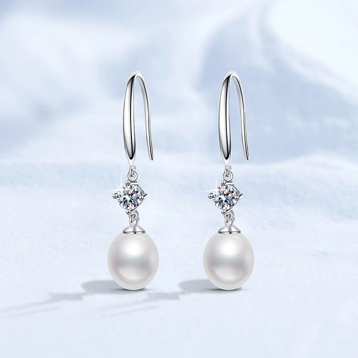 Long Pearl Moissanite Hook Drop Earrings in White Gold-Plated S925 Sterling Silver close-up product detail view