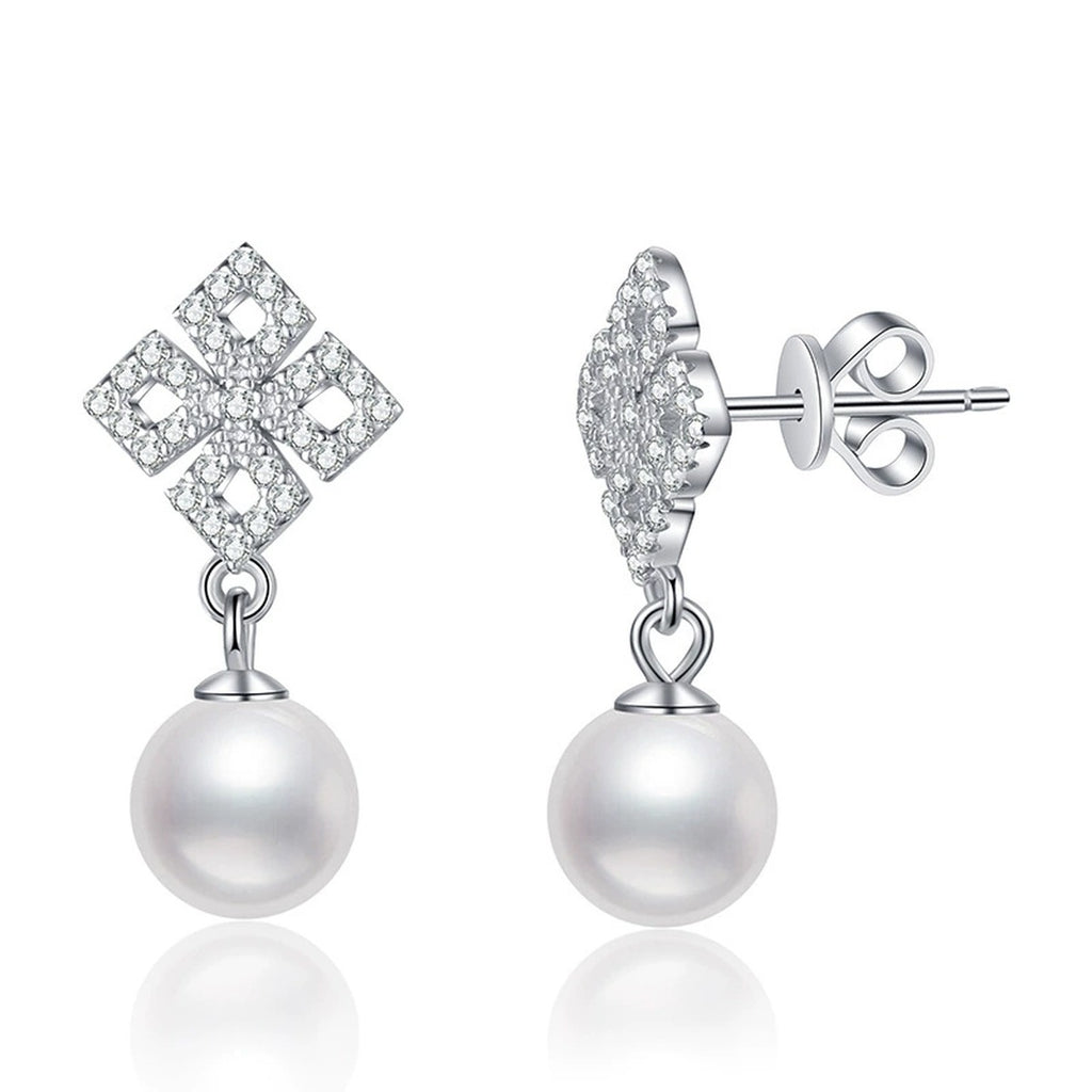 Square Moissanite Pearl Stud Drop Earrings in White Gold-Plated S925 Sterling Silver on clean white background showing a square moissanite stud top with a pearl drop
