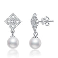 Square Moissanite Pearl Stud Drop Earrings in White Gold-Plated S925 Sterling Silver on clean white background showing a square moissanite stud top with a pearl drop