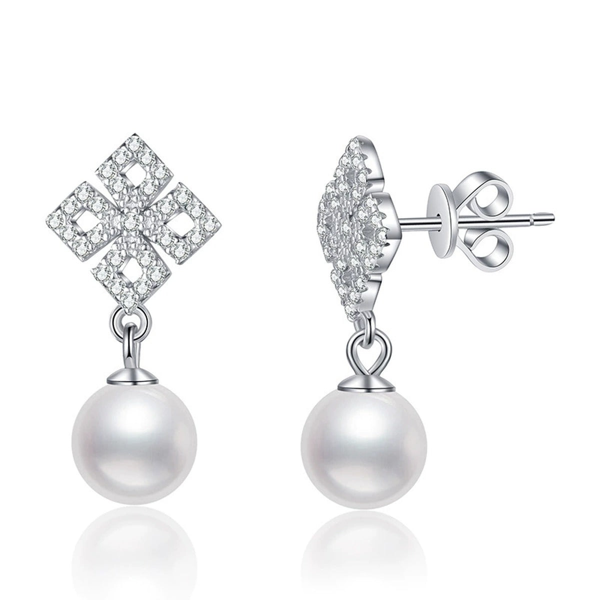 Square Moissanite Pearl Stud Drop Earrings in White Gold-Plated S925 Sterling Silver on clean white background showing a square moissanite stud top with a pearl drop