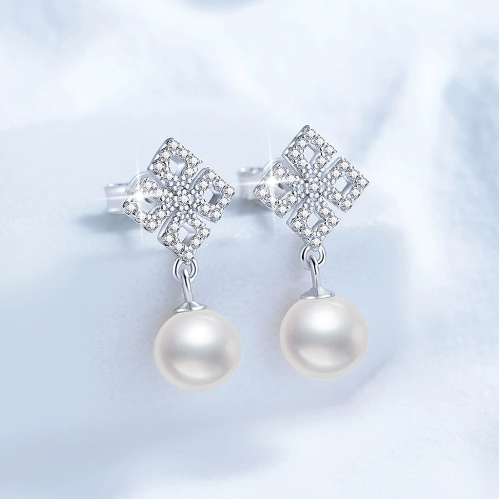 Square Moissanite Pearl Stud Drop Earrings in White Gold-Plated S925 Sterling Silver blue scene product view