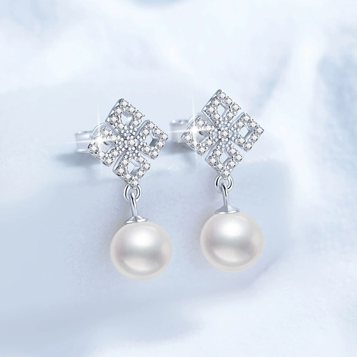 Square Moissanite Pearl Stud Drop Earrings in White Gold-Plated S925 Sterling Silver blue scene product view