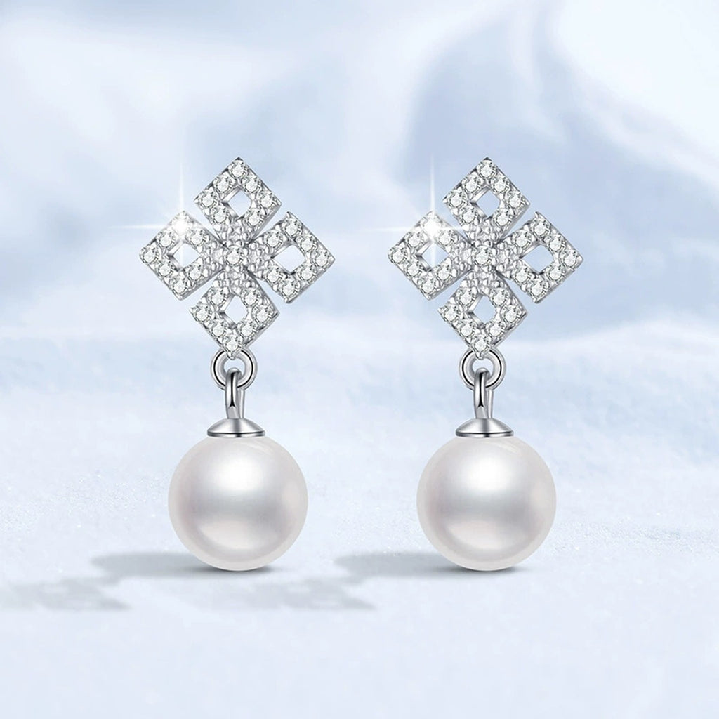 Square Moissanite Pearl Stud Drop Earrings in White Gold-Plated S925 Sterling Silver close-up product detail view