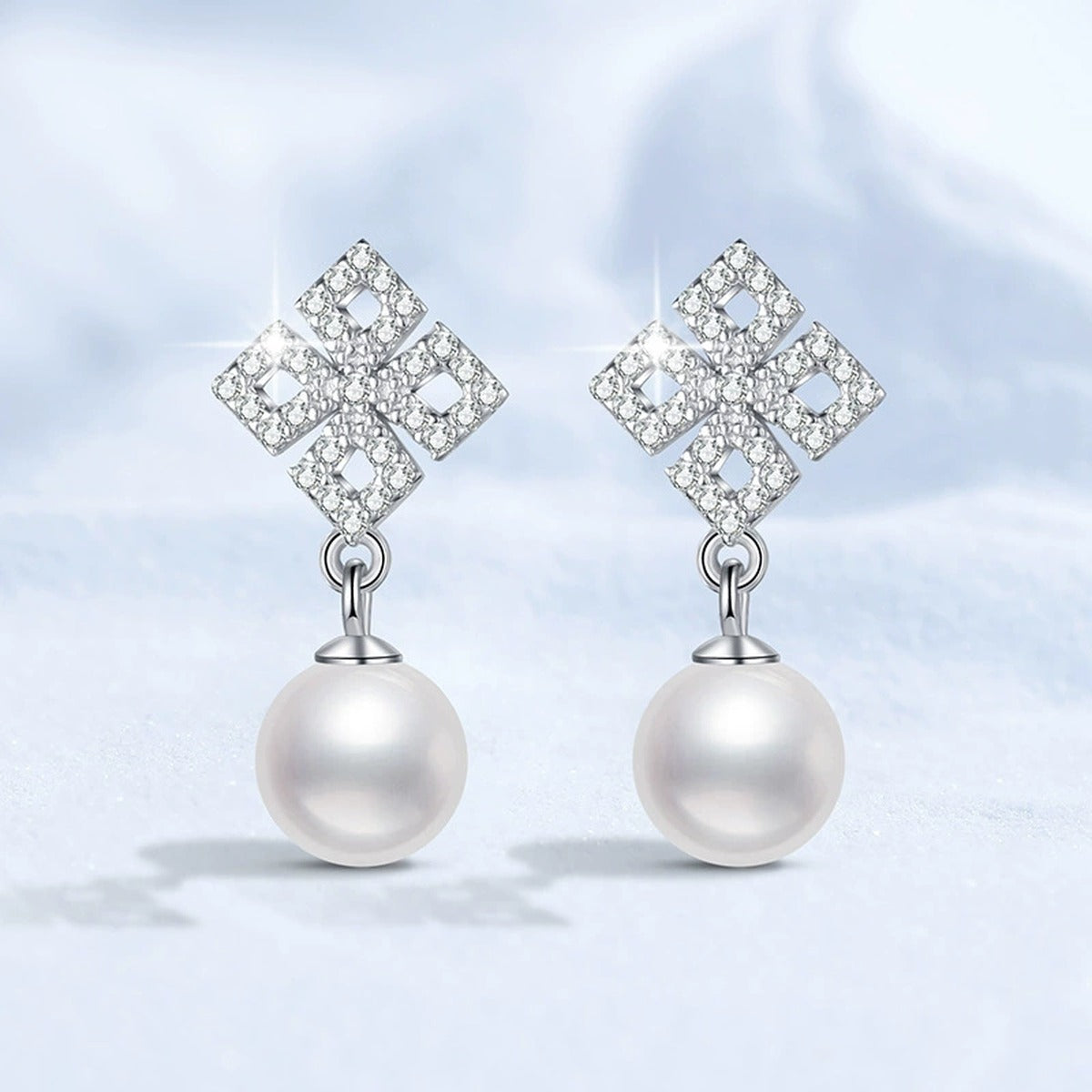 Square Moissanite Pearl Stud Drop Earrings in White Gold-Plated S925 Sterling Silver close-up product detail view