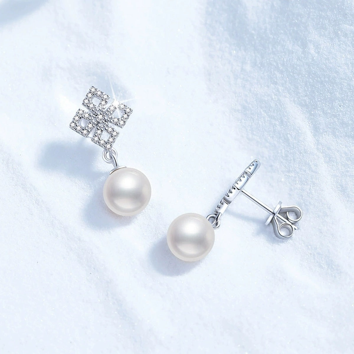 Square Moissanite Pearl Stud Drop Earrings in White Gold-Plated S925 Sterling Silver close-up product detail view
