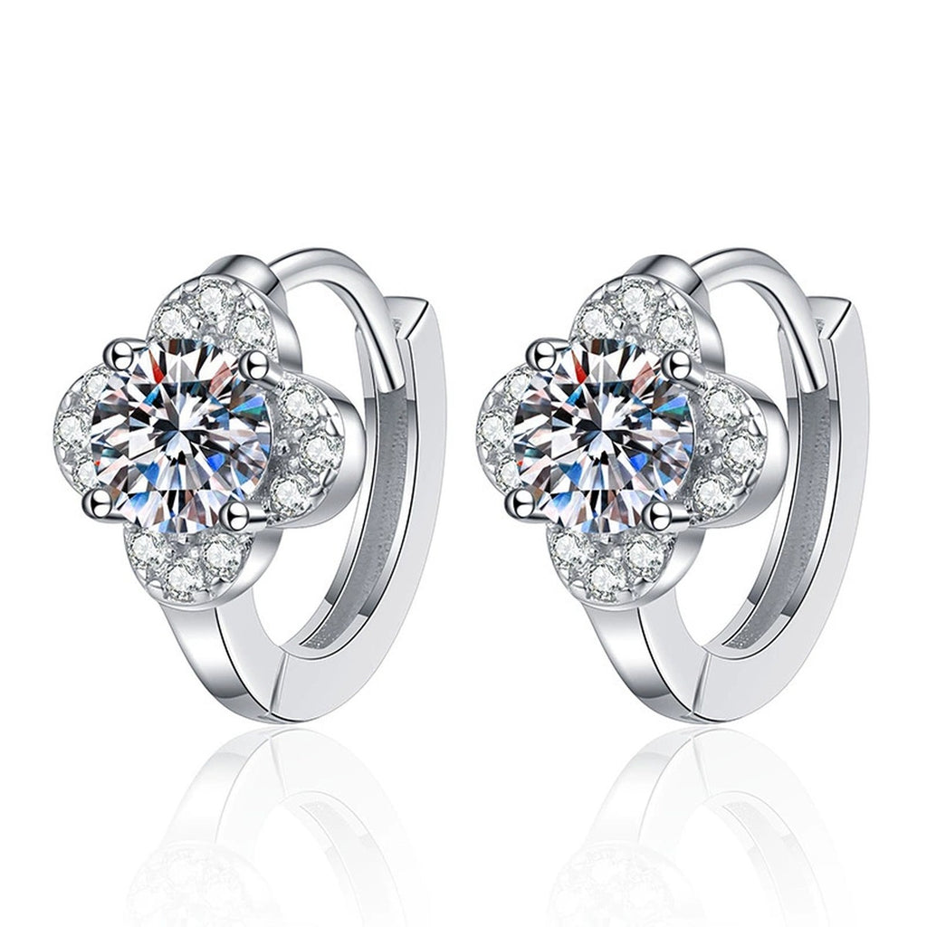 Round Cluster Moissanite Hoop Earrings with CZ in White Gold-Plated S925 on clean white background showing rounded cluster huggie earrings with a bright moissanite face