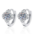 Round Cluster Moissanite Hoop Earrings with CZ in White Gold-Plated S925 on clean white background showing rounded cluster huggie earrings with a bright moissanite face