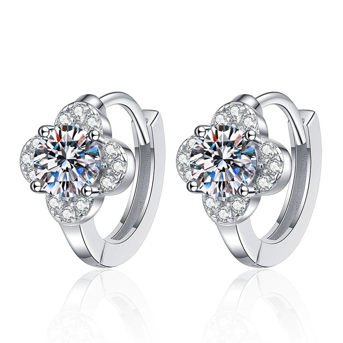 Round Cluster Moissanite Hoop Earrings with CZ in White Gold-Plated S925 on clean white background showing rounded cluster huggie earrings with a bright moissanite face