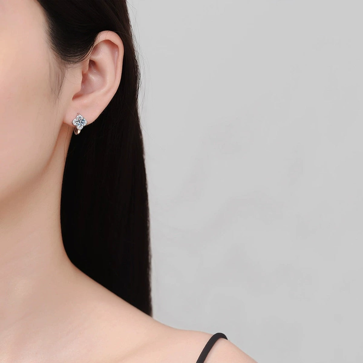 Round Cluster Moissanite Hoop Earrings with CZ in White Gold-Plated S925 worn on ear by model