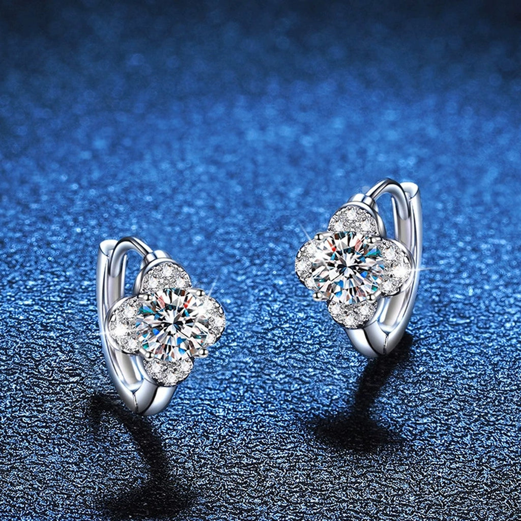 Round Cluster Moissanite Hoop Earrings with CZ in White Gold-Plated S925 blue scene product view