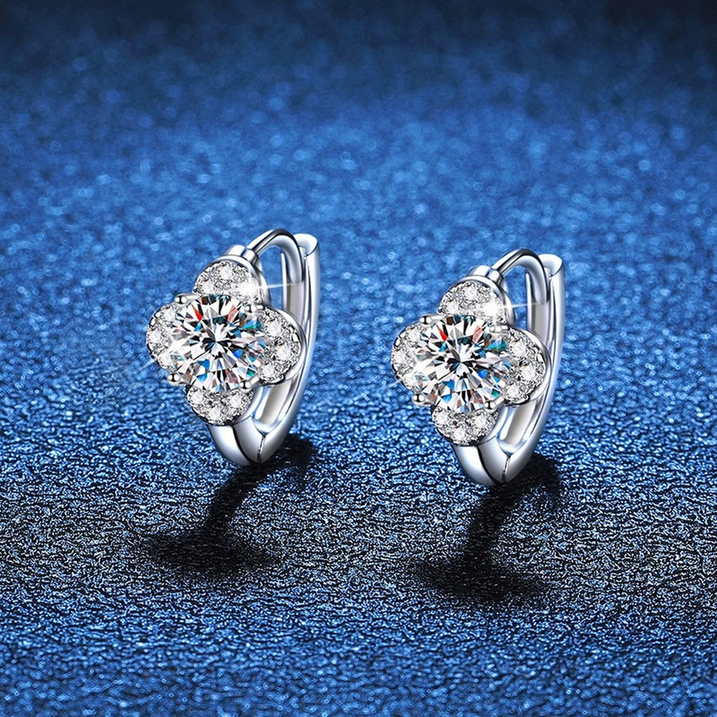 Round Cluster Moissanite Hoop Earrings with CZ in White Gold-Plated S925 blue scene angled view