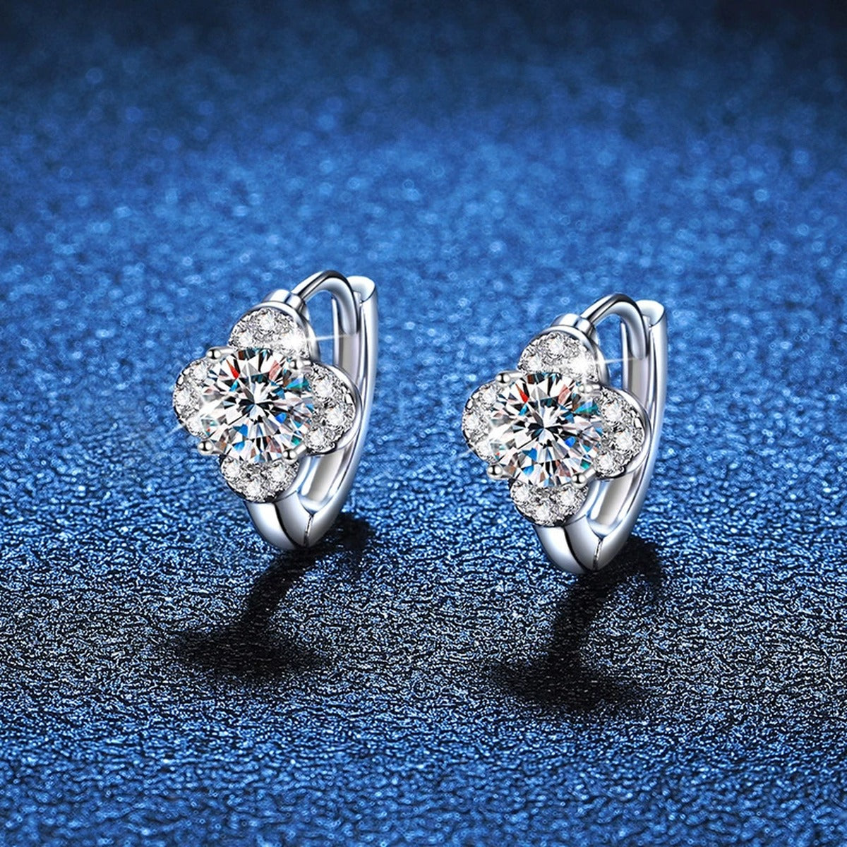 Round Cluster Moissanite Hoop Earrings with CZ in White Gold-Plated S925 blue scene angled view