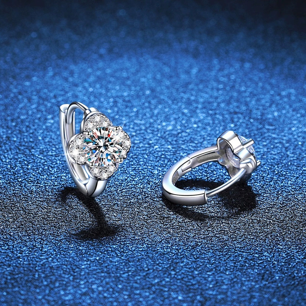 Round Cluster Moissanite Hoop Earrings with CZ in White Gold-Plated S925 blue scene close-up view
