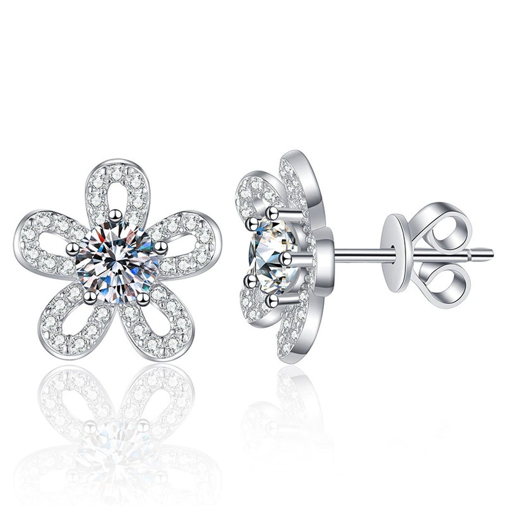 Floral Moissanite Stud Earrings with CZ in White Gold-Plated S925 Silver on clean white background showing flower-shaped stud earrings with a round moissanite center