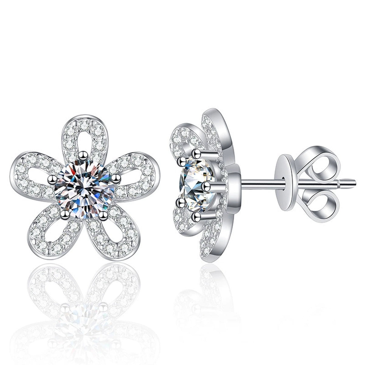 Floral Moissanite Stud Earrings with CZ in White Gold-Plated S925 Silver on clean white background showing flower-shaped stud earrings with a round moissanite center