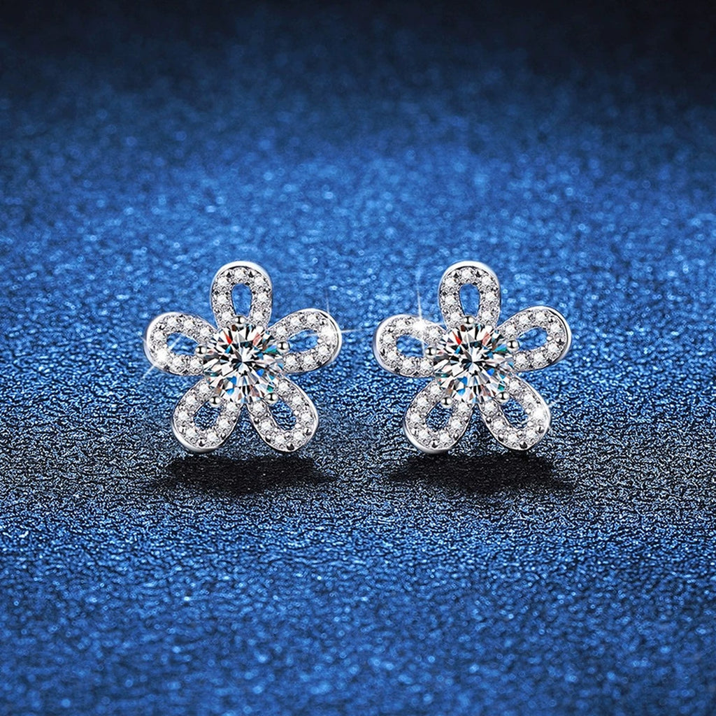 Floral Moissanite Stud Earrings with CZ in White Gold-Plated S925 Silver blue scene product view
