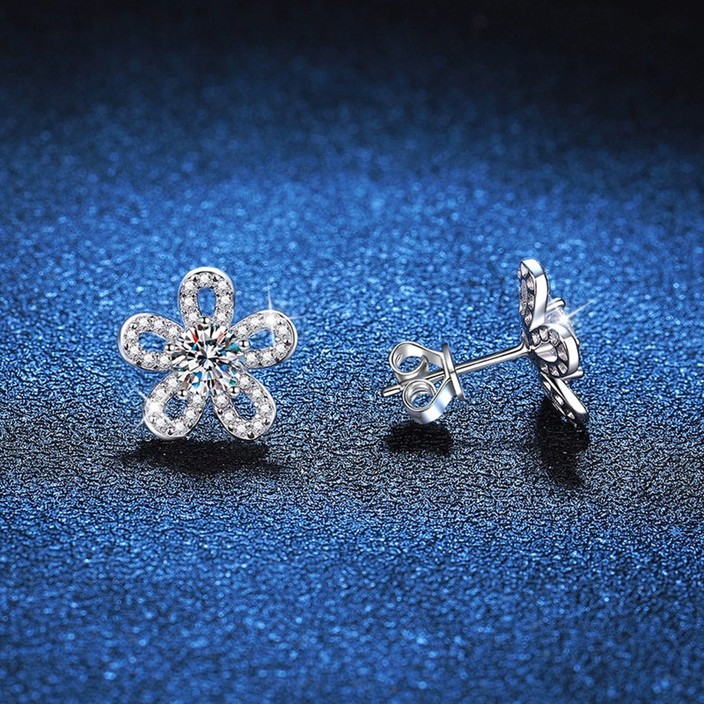 Floral Moissanite Stud Earrings with CZ in White Gold-Plated S925 Silver blue scene angled view