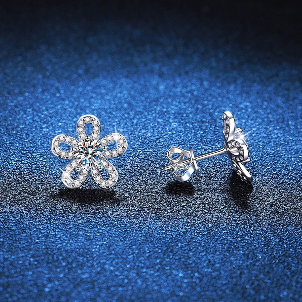Floral Moissanite Stud Earrings with CZ in White Gold-Plated S925 Silver blue scene angled view