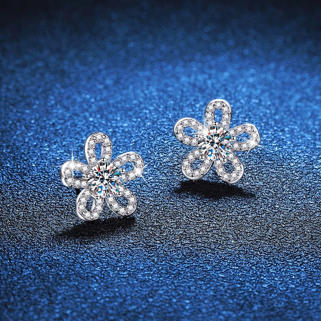 Floral Moissanite Stud Earrings with CZ in White Gold-Plated S925 Silver blue scene close-up view
