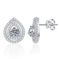 Pear Halo Moissanite Stud Earrings with CZ in White Gold-Plated S925 on clean white background showing pear-shaped halo studs with a rounded moissanite center