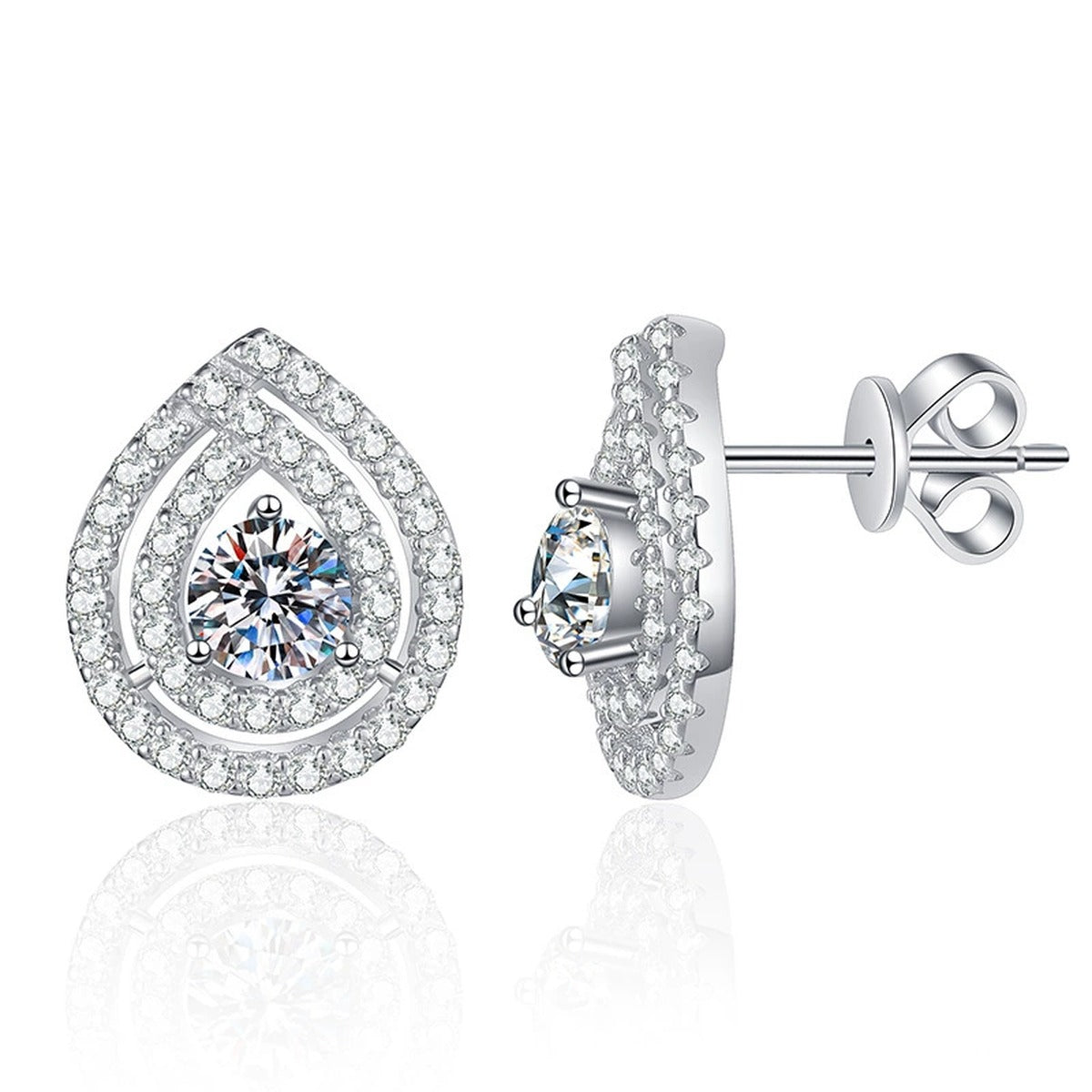 Pear Halo Moissanite Stud Earrings with CZ in White Gold-Plated S925 on clean white background showing pear-shaped halo studs with a rounded moissanite center