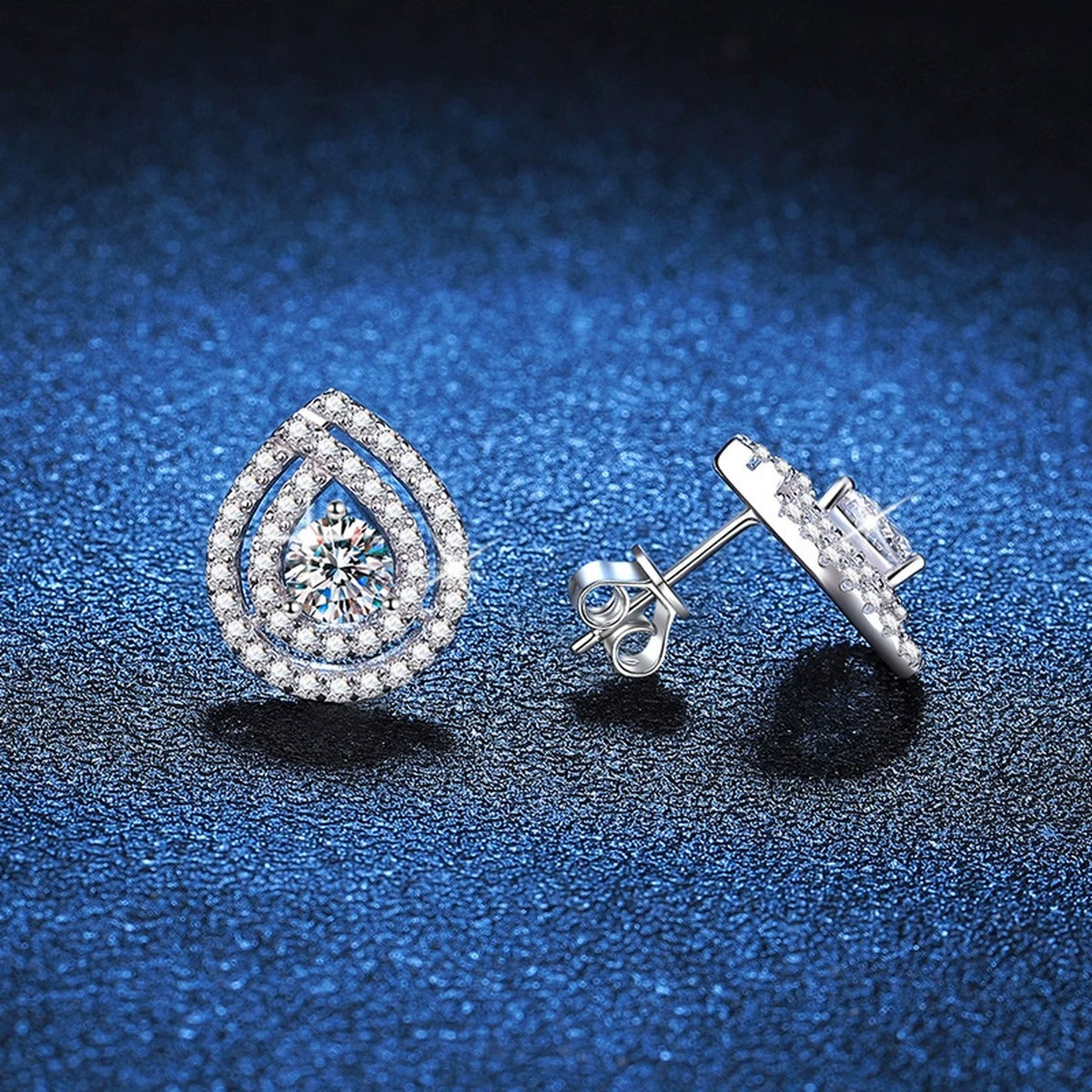 Pear Halo Moissanite Stud Earrings with CZ in White Gold-Plated S925 blue scene product view