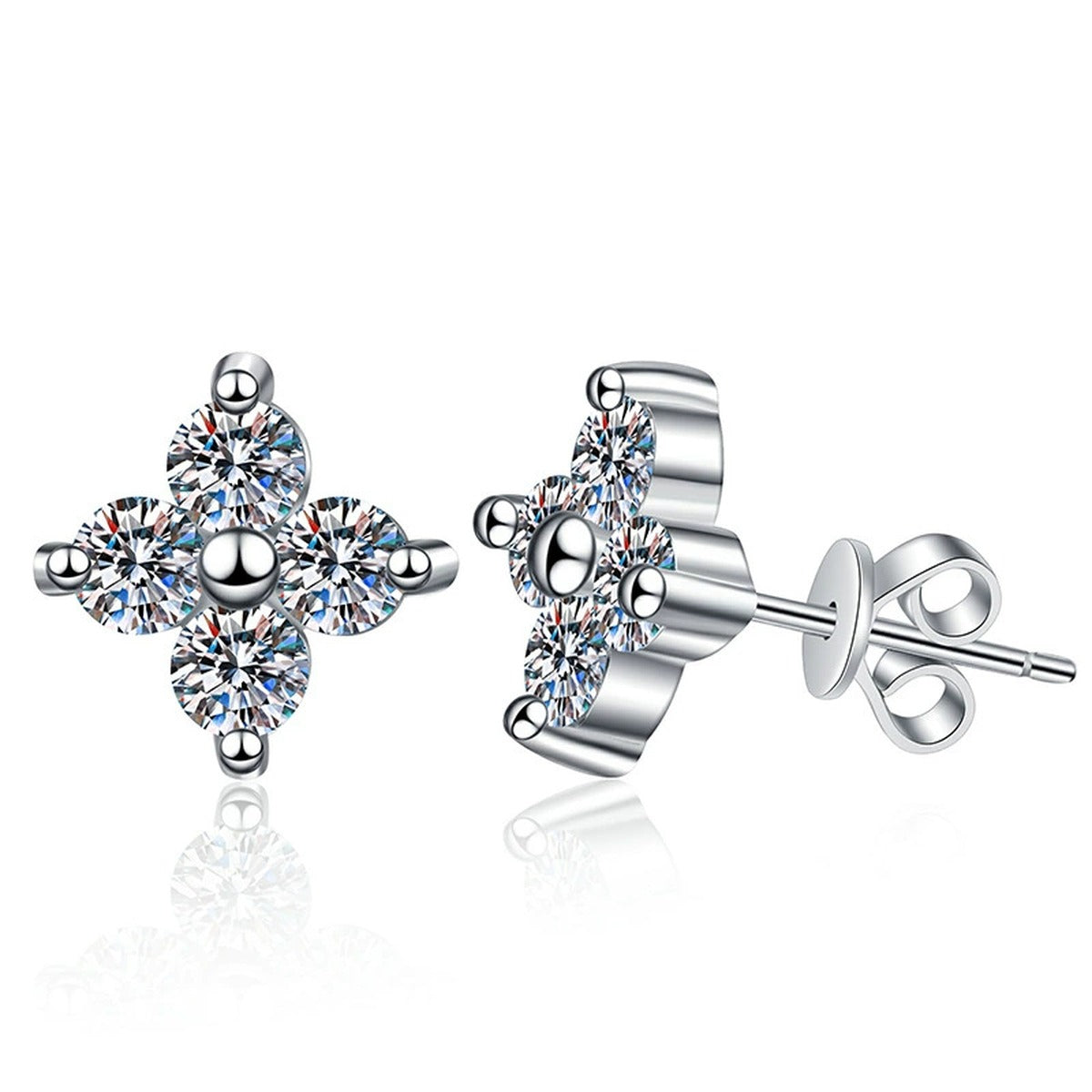 Floral Cluster Moissanite Stud Earrings in White Gold-Plated S925 Silver on clean white background showing floral cluster studs with layered moissanite sparkle