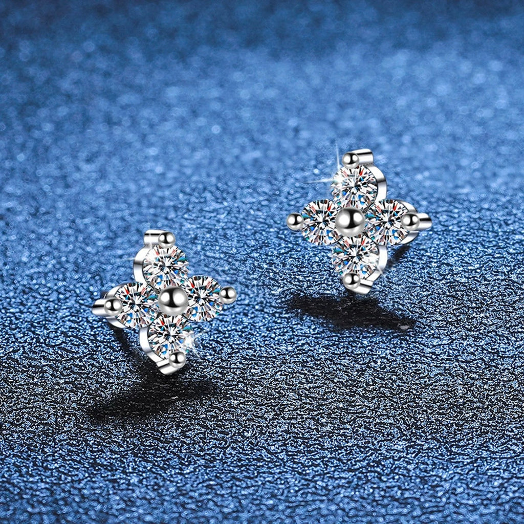 Floral Cluster Moissanite Stud Earrings in White Gold-Plated S925 Silver blue scene product view