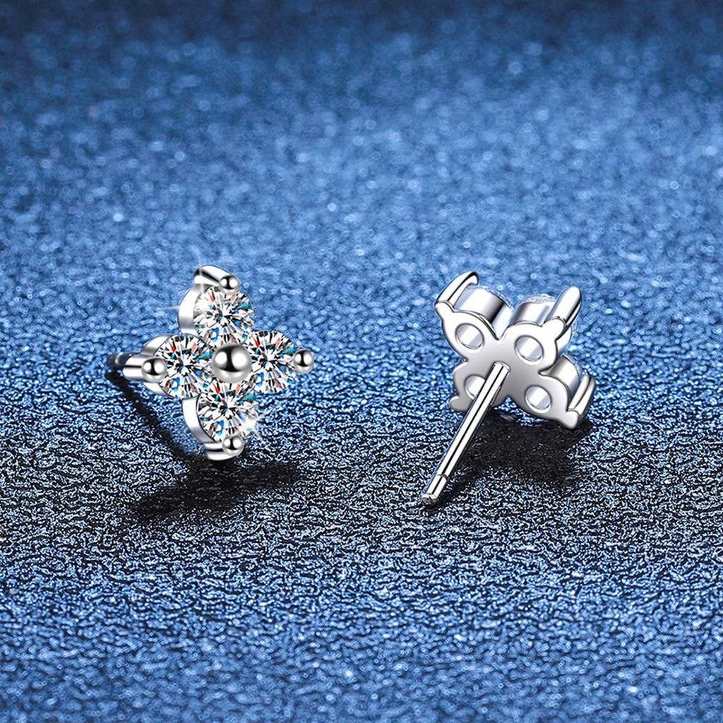 Floral Cluster Moissanite Stud Earrings in White Gold-Plated S925 Silver blue scene angled view