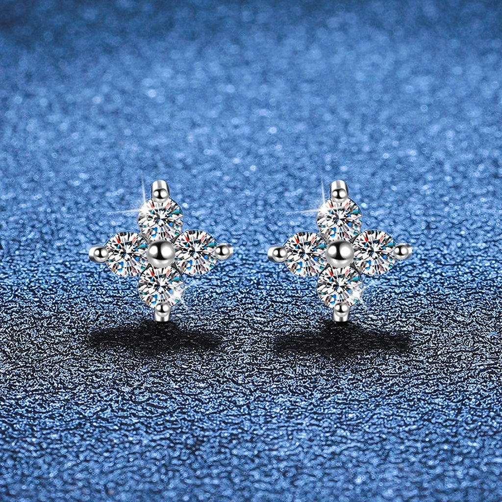 Floral Cluster Moissanite Stud Earrings in White Gold-Plated S925 Silver blue scene close-up view