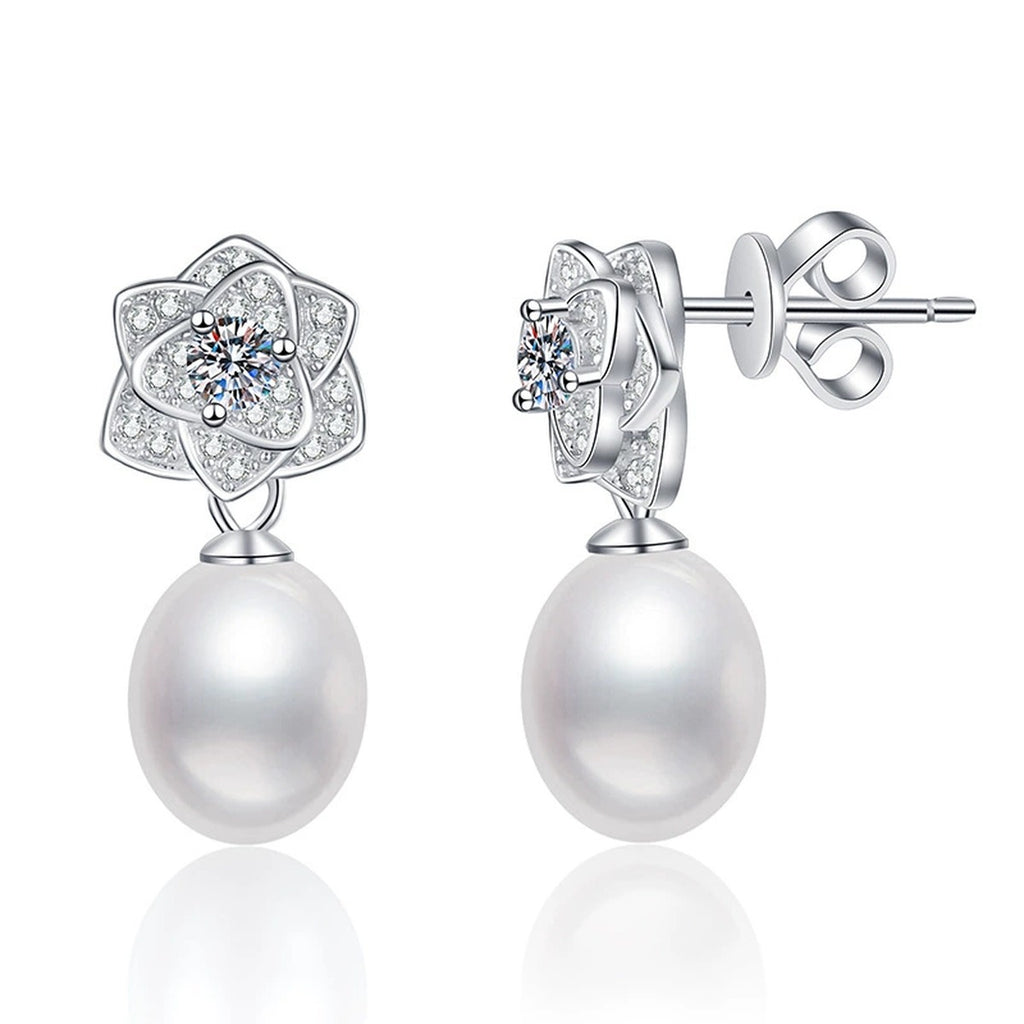 Floral Pearl Moissanite Stud Drop Earrings with CZ in White Gold-Plated S925 Sterling Silver on clean white background showing a floral moissanite top with a pearl drop