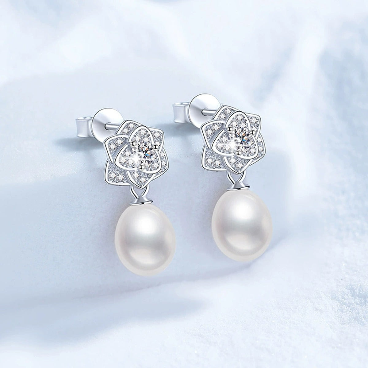 Floral Pearl Moissanite Stud Drop Earrings with CZ in White Gold-Plated S925 Sterling Silver blue scene product view