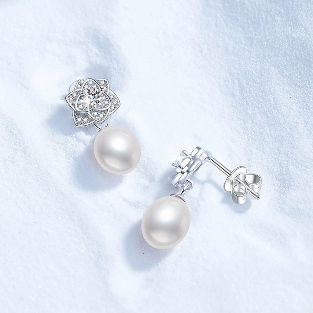 Floral Pearl Moissanite Stud Drop Earrings with CZ in White Gold-Plated S925 Sterling Silver close-up product detail view