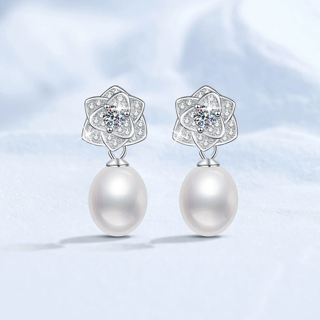 Floral Pearl Moissanite Stud Drop Earrings with CZ in White Gold-Plated S925 Sterling Silver close-up product detail view