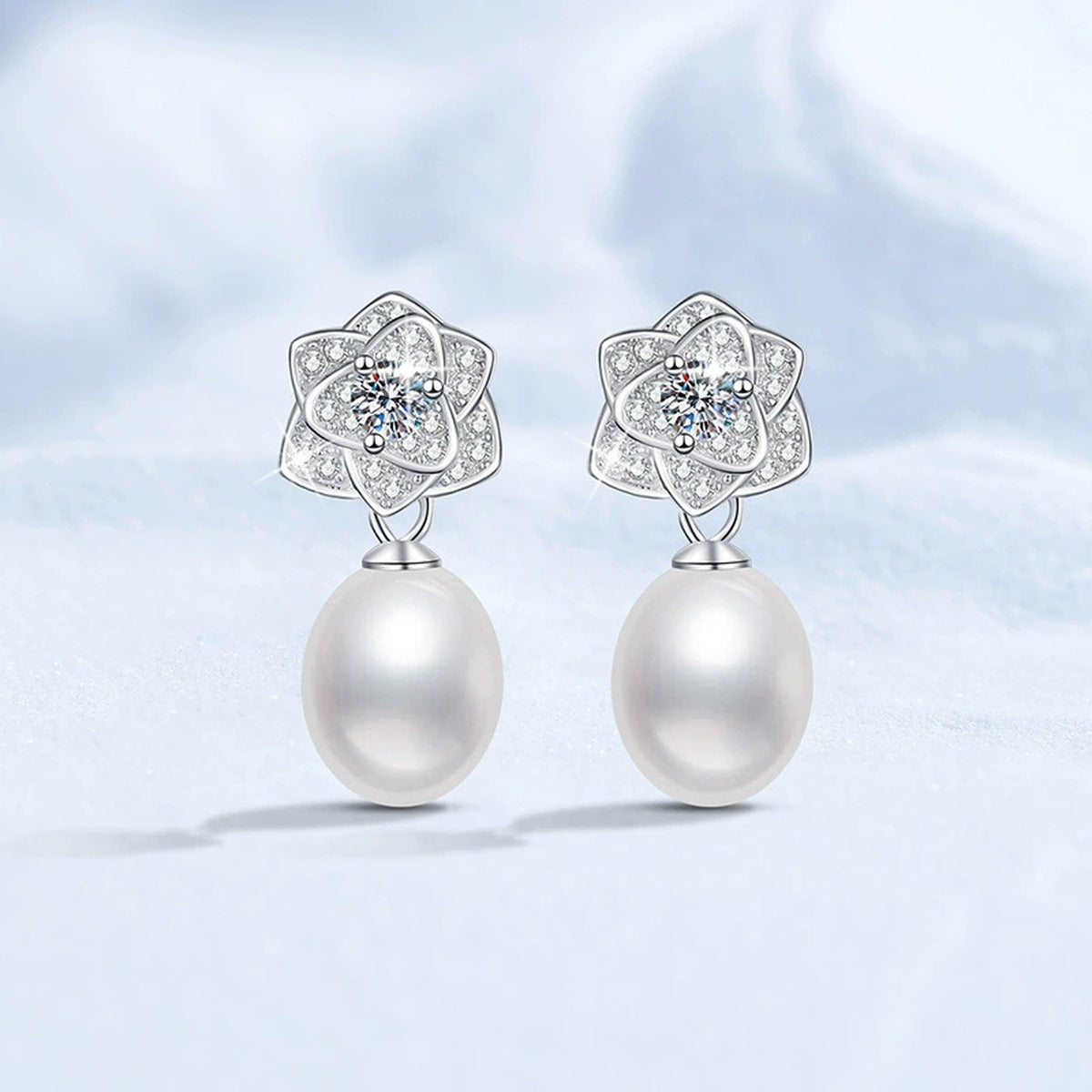 Floral Pearl Moissanite Stud Drop Earrings with CZ in White Gold-Plated S925 Sterling Silver close-up product detail view