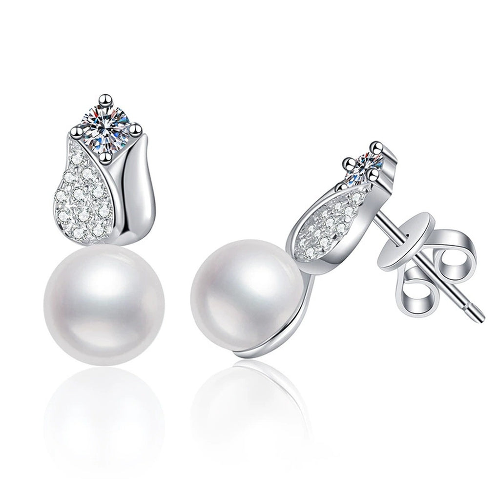 Leaf Pearl Moissanite Stud Drop Earrings with CZ in White Gold-Plated S925 Sterling Silver on clean white background showing a leaf-shaped moissanite top with a pearl drop