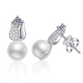 Leaf Pearl Moissanite Stud Drop Earrings with CZ in White Gold-Plated S925 Sterling Silver on clean white background showing a leaf-shaped moissanite top with a pearl drop