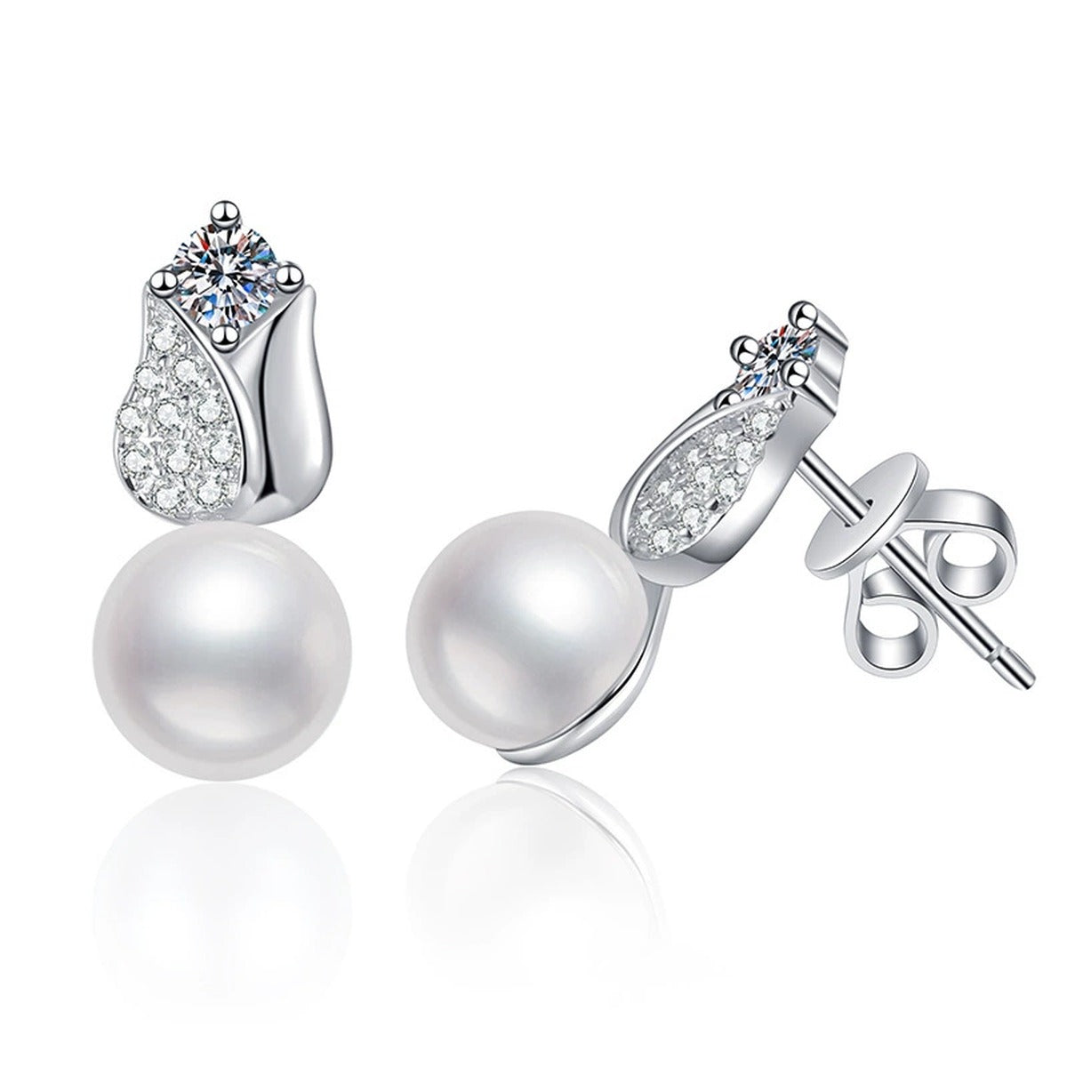 Leaf Pearl Moissanite Stud Drop Earrings with CZ in White Gold-Plated S925 Sterling Silver on clean white background showing a leaf-shaped moissanite top with a pearl drop