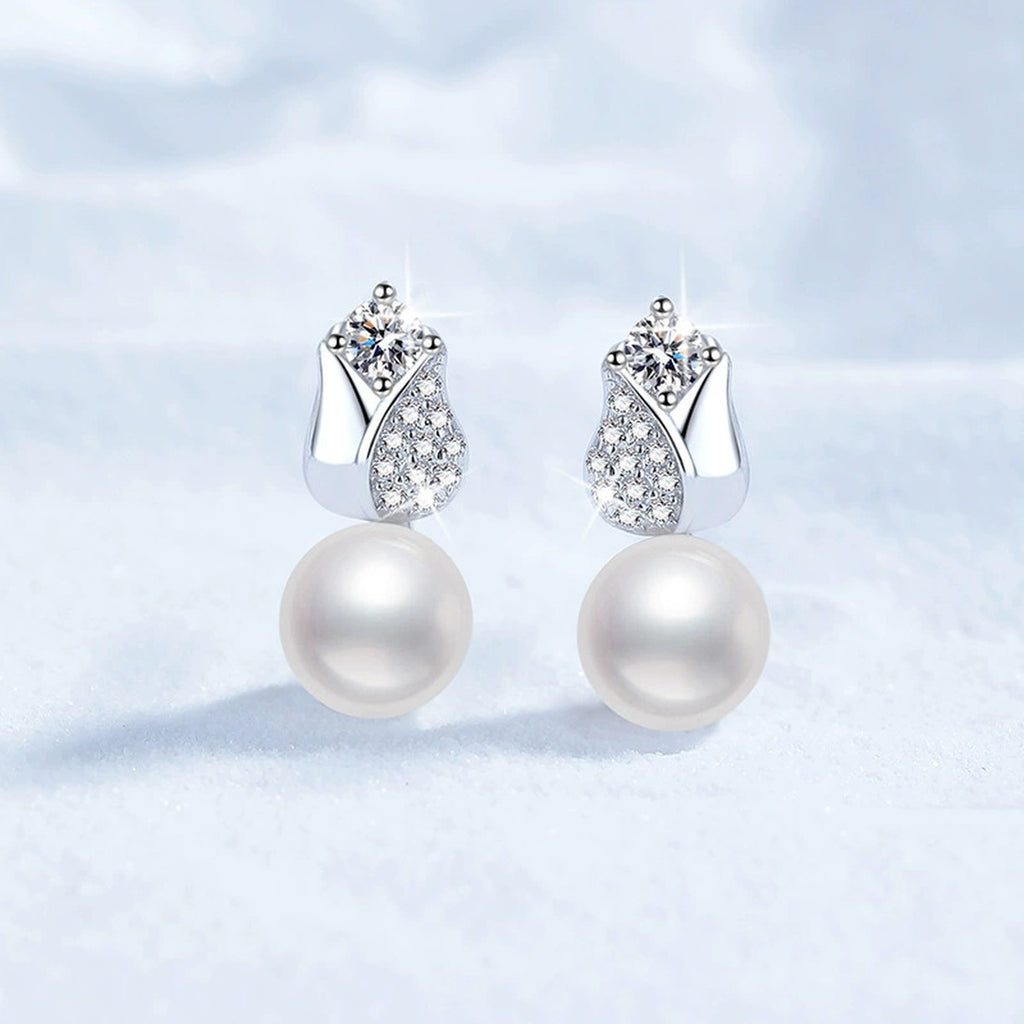 Leaf Pearl Moissanite Stud Drop Earrings with CZ in White Gold-Plated S925 Sterling Silver close-up product detail view