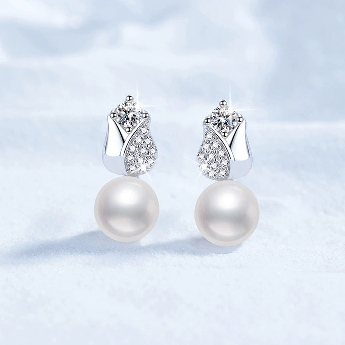 Leaf Pearl Moissanite Stud Drop Earrings with CZ in White Gold-Plated S925 Sterling Silver close-up product detail view