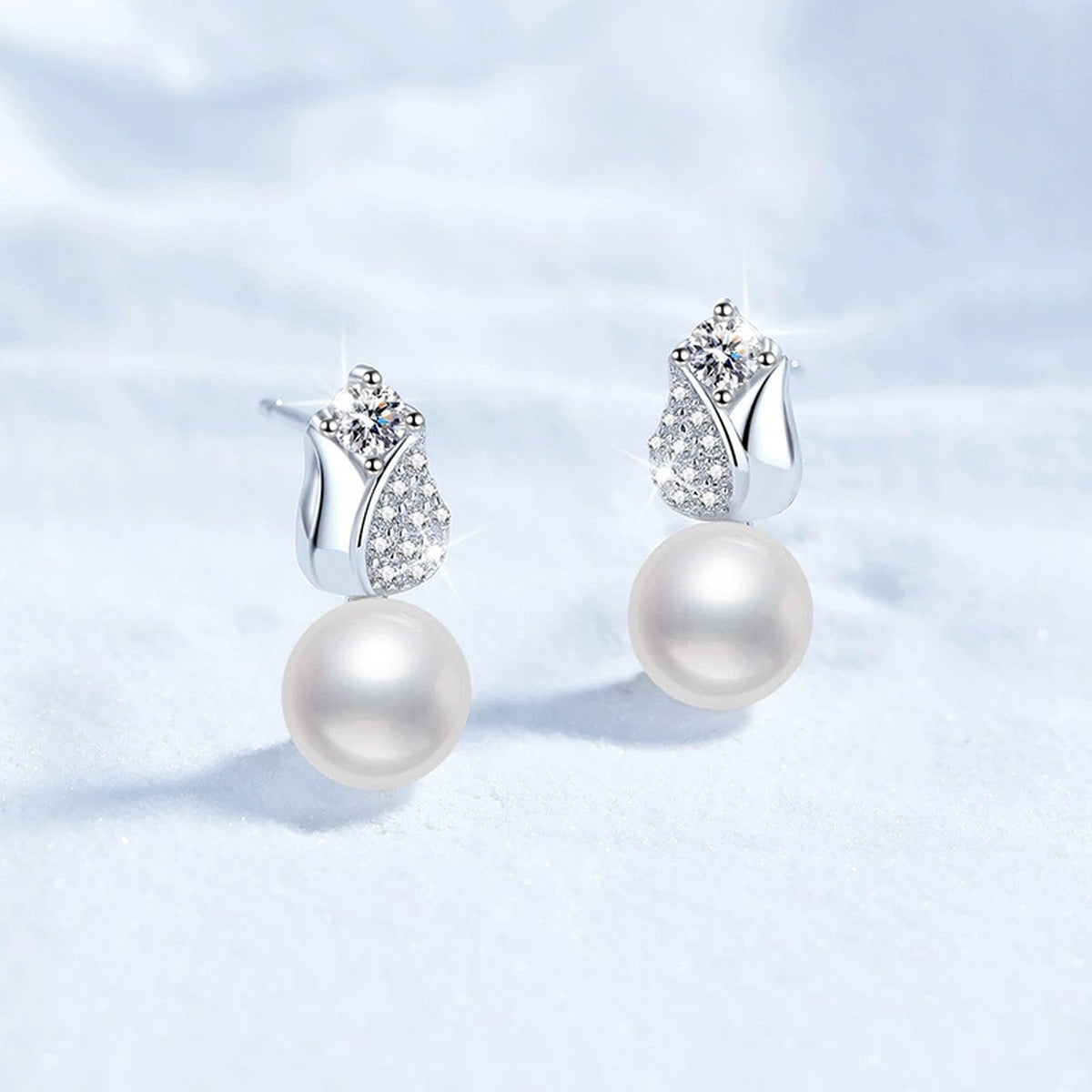Leaf Pearl Moissanite Stud Drop Earrings with CZ in White Gold-Plated S925 Sterling Silver close-up product detail view