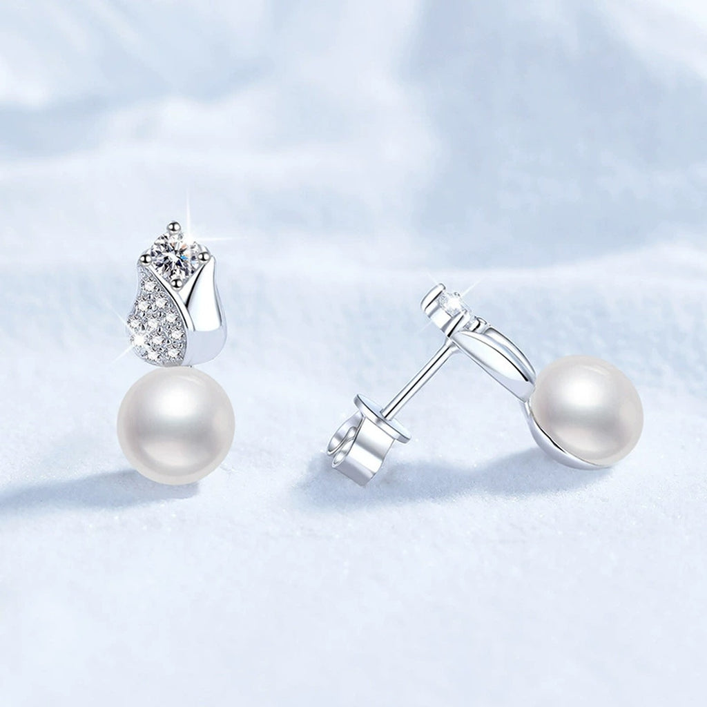Leaf Pearl Moissanite Stud Drop Earrings with CZ in White Gold-Plated S925 Sterling Silver close-up product detail view